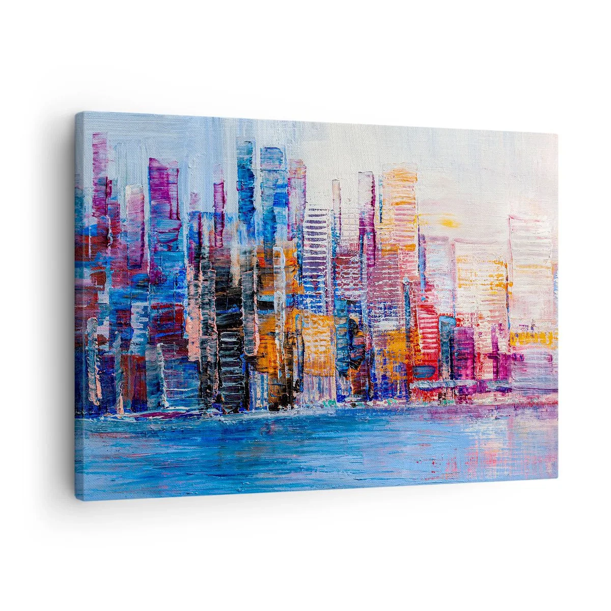 Cuadro sobre lienzo - Impresión de Imagen - Un panorama colorido de la ciudad con reflejos en el agua. - 70x50cm - Una metrópoli alegre - Decoración de pared moderna para salón y dormitorio ARTTOR