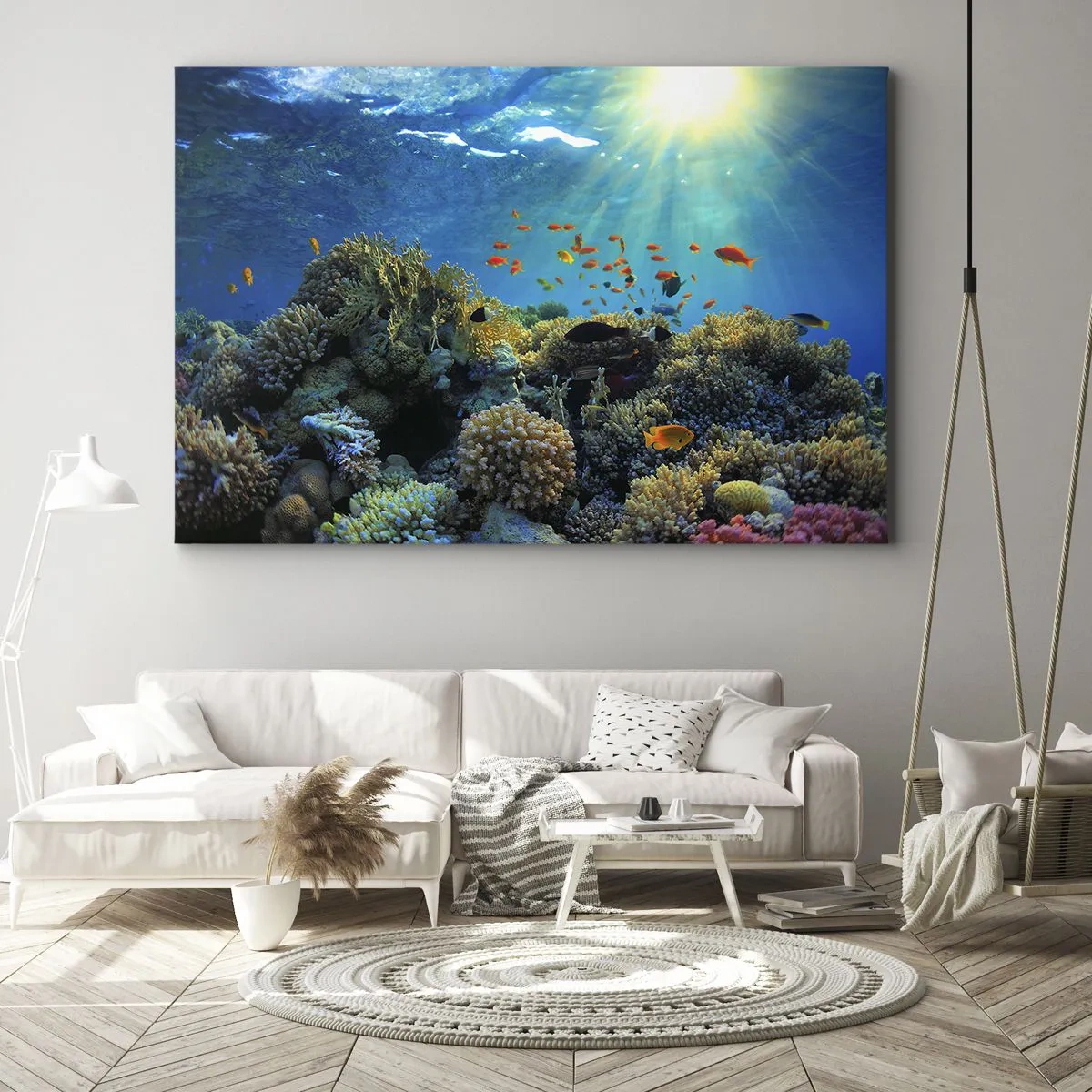 Cuadro sobre lienzo - Impresión de Imagen - Arrecife de coral con peces bajo los rayos del sol bajo el agua. - 70x50cm - Tesoros submarinos - Decoración de pared moderna para salón y dormitorio ARTTOR