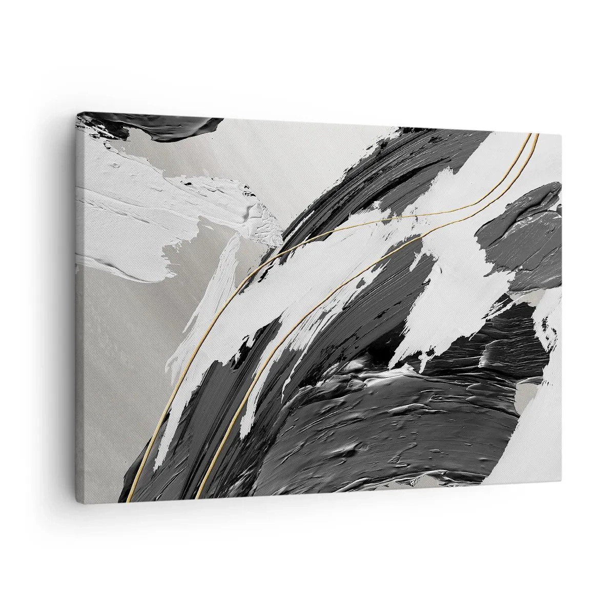 Cuadro sobre lienzo - Impresión de Imagen - Trazos de pintura en blanco y negro con un sutil acento dorado. - 70x50cm - Abstracción con estilo - Decoración de pared moderna para salón y dormitorio ARTTOR