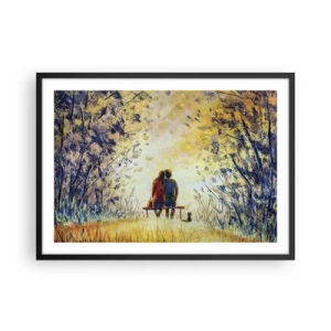 Póster en marco negro - Una pareja sentada en un banco entre árboles otoñales bajo la luz del sol. - 70x50cm - Un momento mágico - Decoración de pared moderna para salón y dormitorio ARTTOR