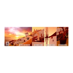 Muestra de fotomural autoadhesivo Deluxe Sticker - Blanco y dorado - Paisaje, Santorini, Grecia - 100x30 cm
