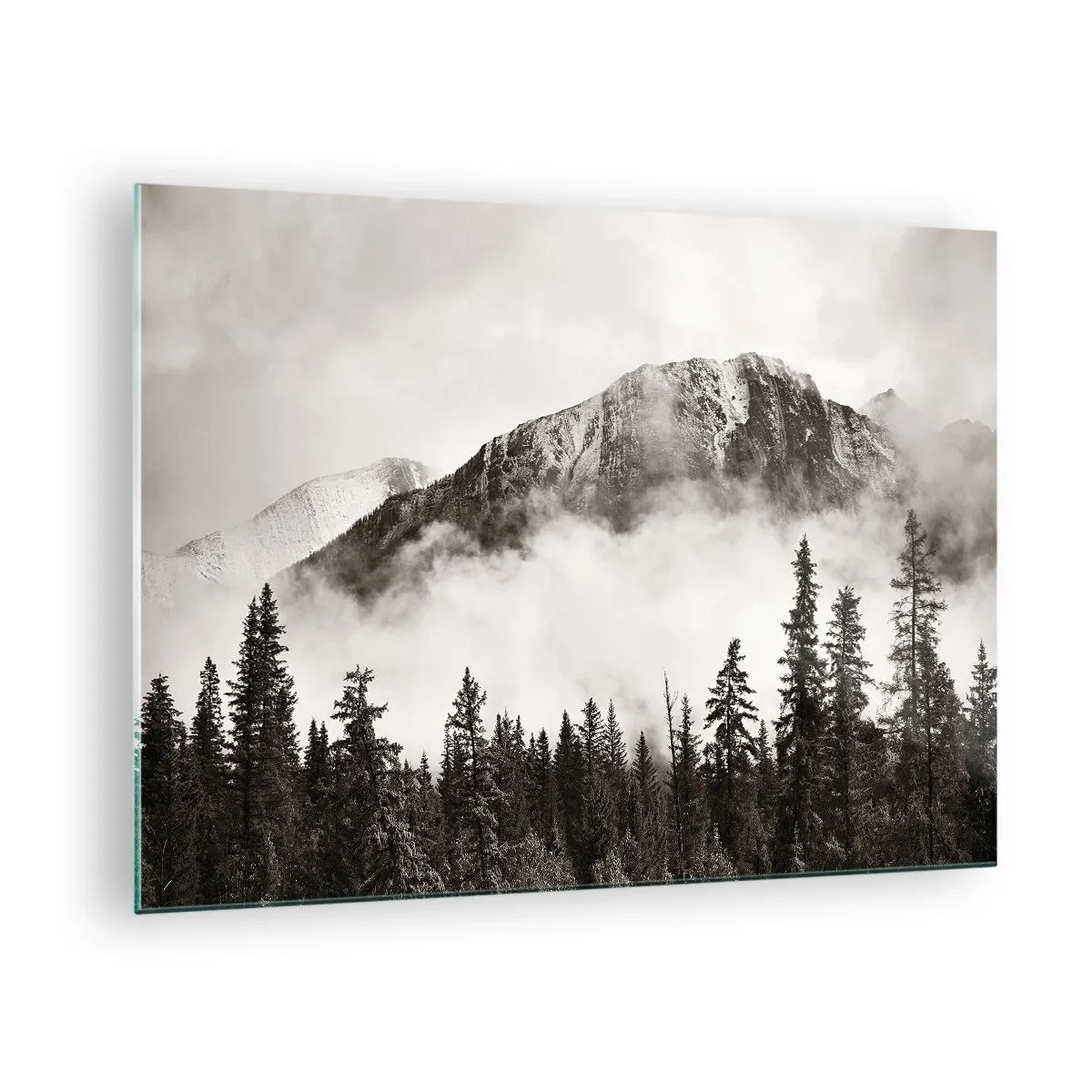 Cuadro sobre vidrio - Impresiones sobre Vidrio - Paisaje de montaña con bosque y niebla en tonos sepia - 70x50cm - Gobernante de granito - Decoración de pared moderna para salón y dormitorio ARTTOR