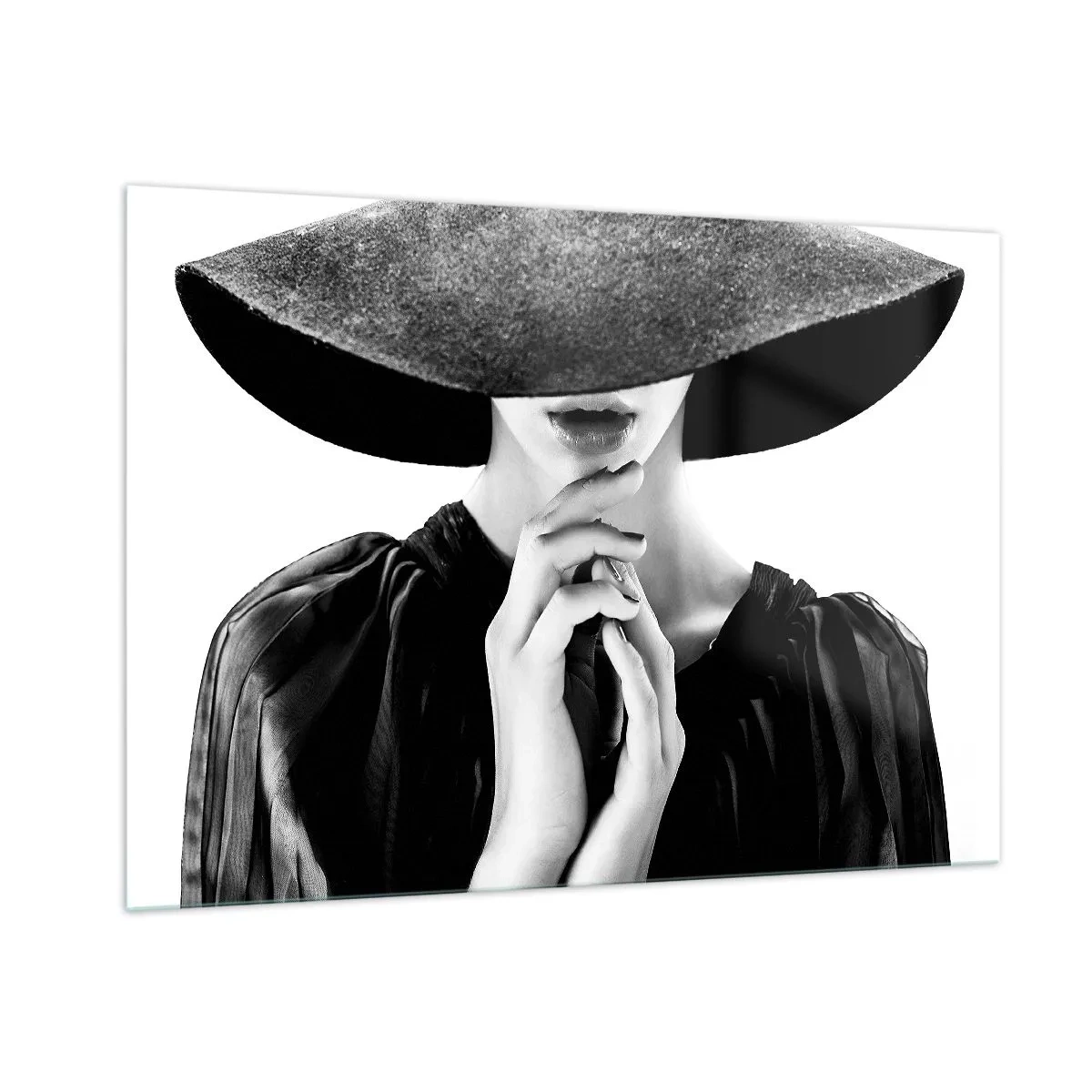 Cuadro sobre vidrio - Impresiones sobre Vidrio - Mujer elegante vestida de negro con un sombrero que le cubre la cara. - 100x70cm - Belleza oculta - Decoración de pared moderna para salón y dormitorio ARTTOR