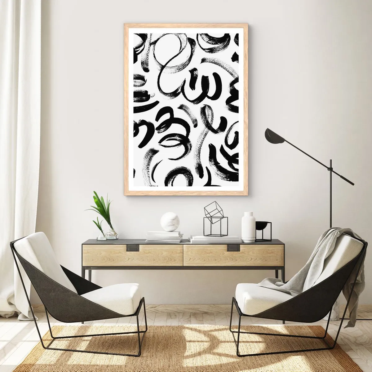 Póster en marco roble claro - Negro sobre blanco - 61x91 cm