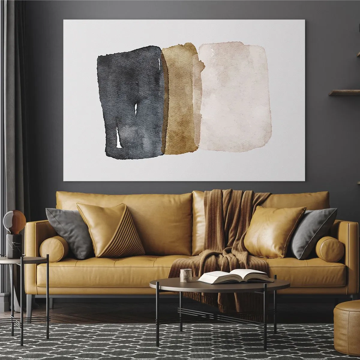 Cuadro sobre vidrio - Impresiones sobre Vidrio - Manchas abstractas en tonos negros, marrones y beige - 120x80cm - Una composición de colores tierra - Decoración de pared moderna para salón y dormitorio ARTTOR