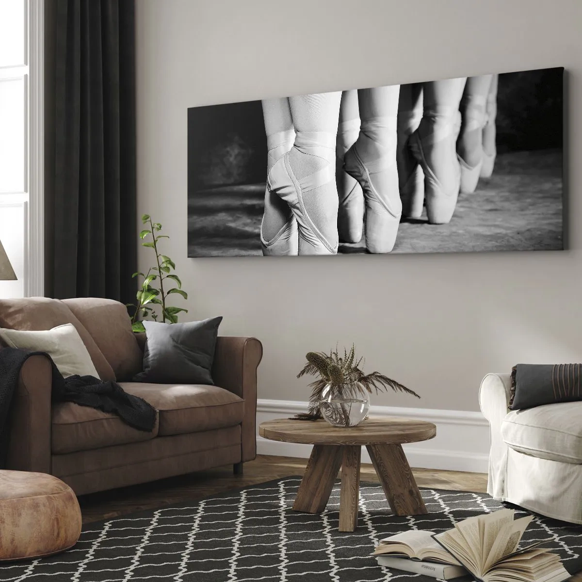 Cuadro sobre lienzo - Impresión de Imagen - Fotografía en blanco y negro de las zapatillas de ballet de una bailarina. - 140x50cm - En conjunto y al unísono - Decoración de pared moderna para salón y dormitorio ARTTOR