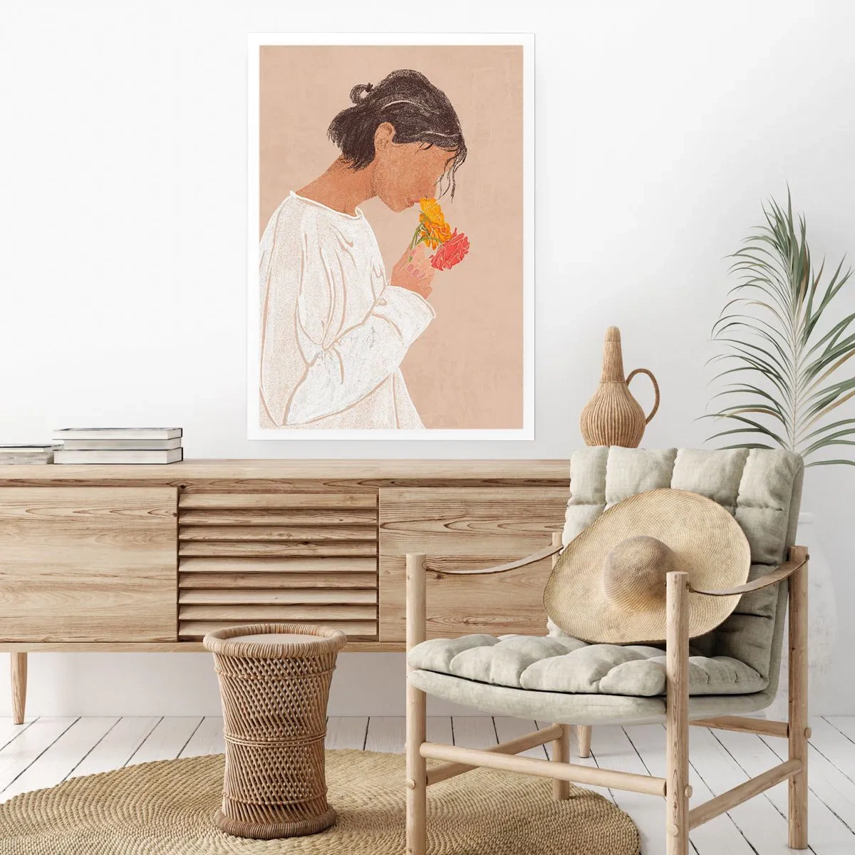 Póster - Una mujer vestida de blanco reflexionando sobre las flores. - 50x70cm - Joven con flores - Decoración de pared moderna para salón y dormitorio ARTTOR