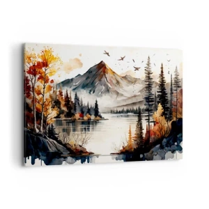 Cuadro sobre lienzo - Impresión de Imagen - Paisaje otoñal de montaña con lago y árboles en acuarela - 100x70cm - Otoño dorado en las montañas - Decoración de pared moderna para salón y dormitorio ARTTOR