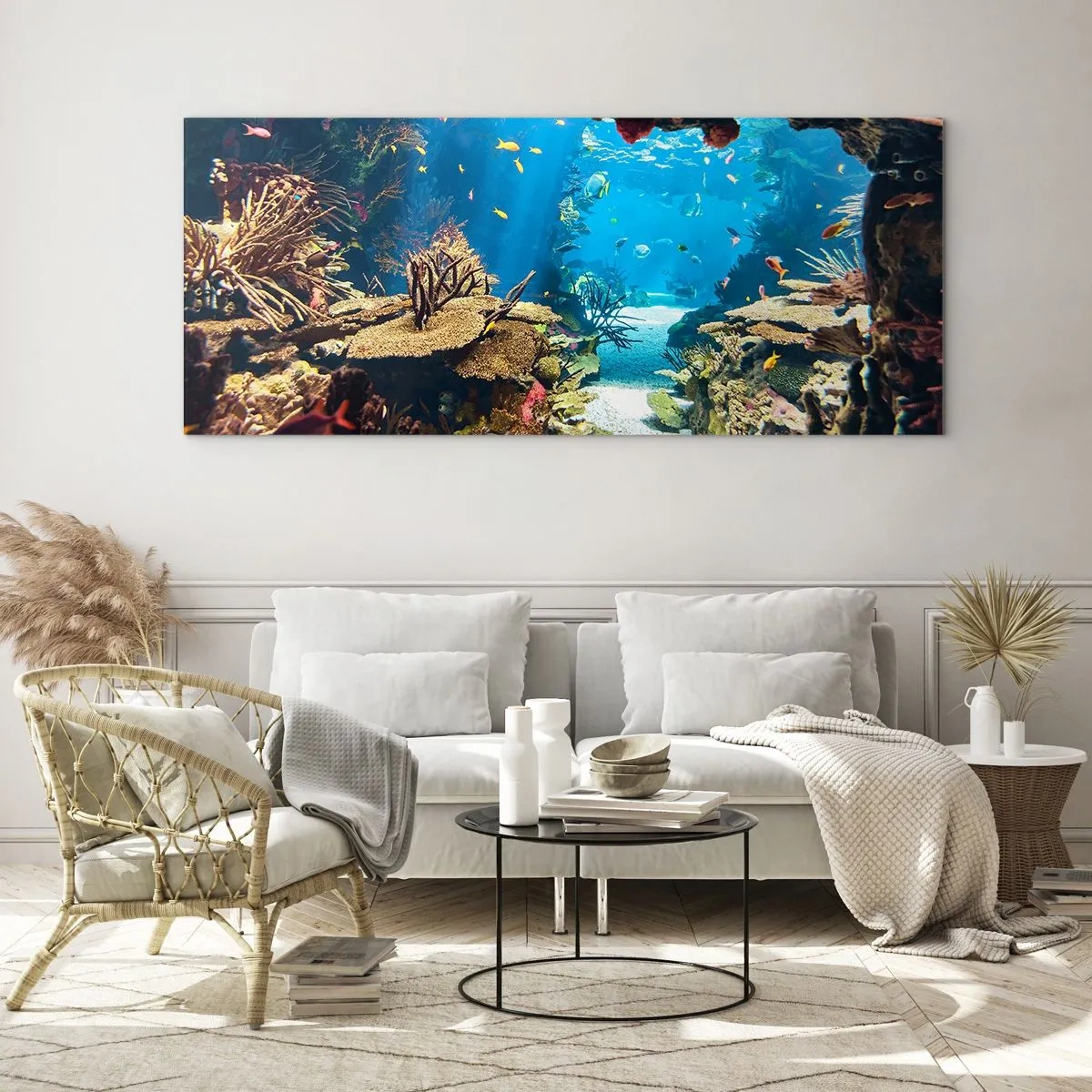 Cuadro sobre vidrio - Impresiones sobre Vidrio - Mundo submarino con arrecifes de coral y peces. - 140x50cm - Ni siquiera has soñado - Decoración de pared moderna para salón y dormitorio ARTTOR