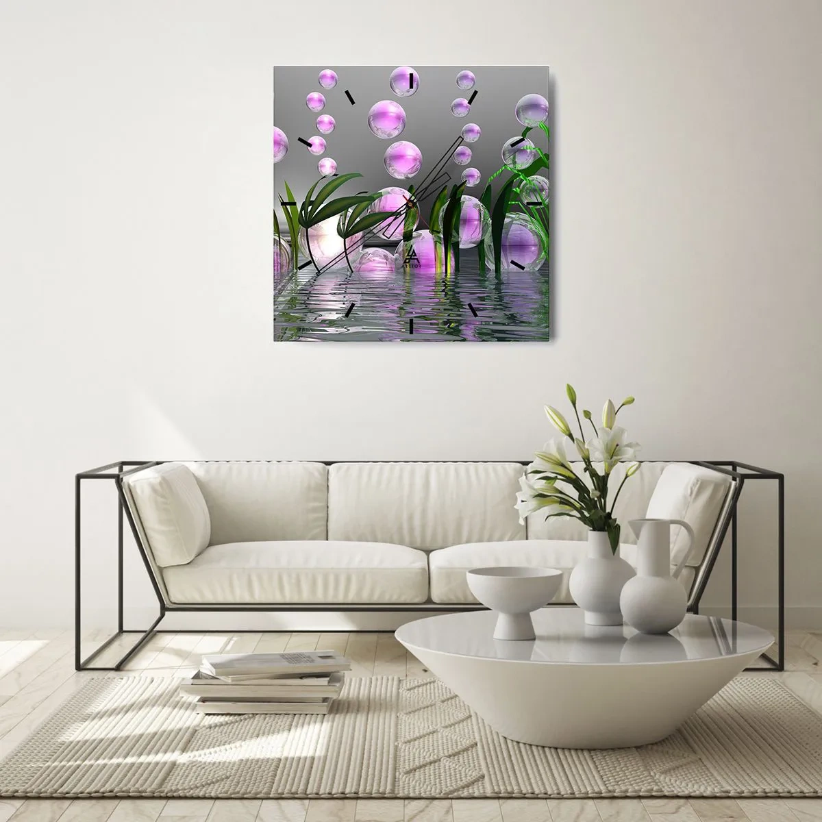 Reloj de pared - Reloj de vidrio - Hojas verdes y burbujas rosadas sobre el agua sobre un fondo gris. - 30x30cm - Composición reflexiva de ligereza y vida - Decoración de pared moderna para salón y dormitorio ARTTOR