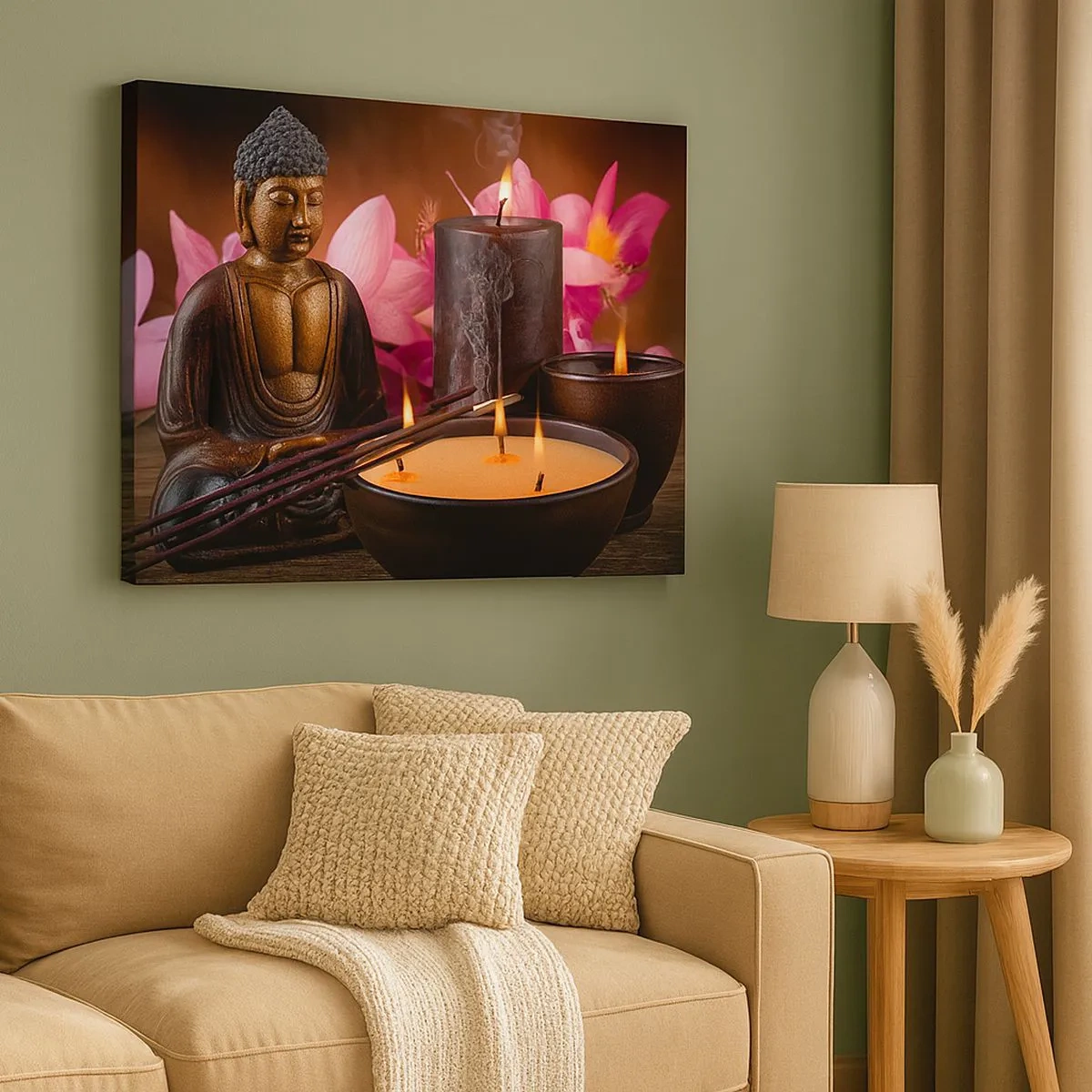 Cuadro sobre lienzo - Impresión de Imagen - Figura de Buda con velas encendidas y varillas de incienso. - 70x50cm - Despejar la mente, calmar el cuerpo - Decoración de pared moderna para salón y dormitorio ARTTOR