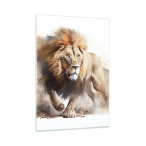 Cuadro sobre vidrio - Impresiones sobre Vidrio - Una toma dinámica en estilo acuarela de un león corriendo. - 50x70cm - El rey ha partido - Decoración de pared moderna para salón y dormitorio ARTTOR