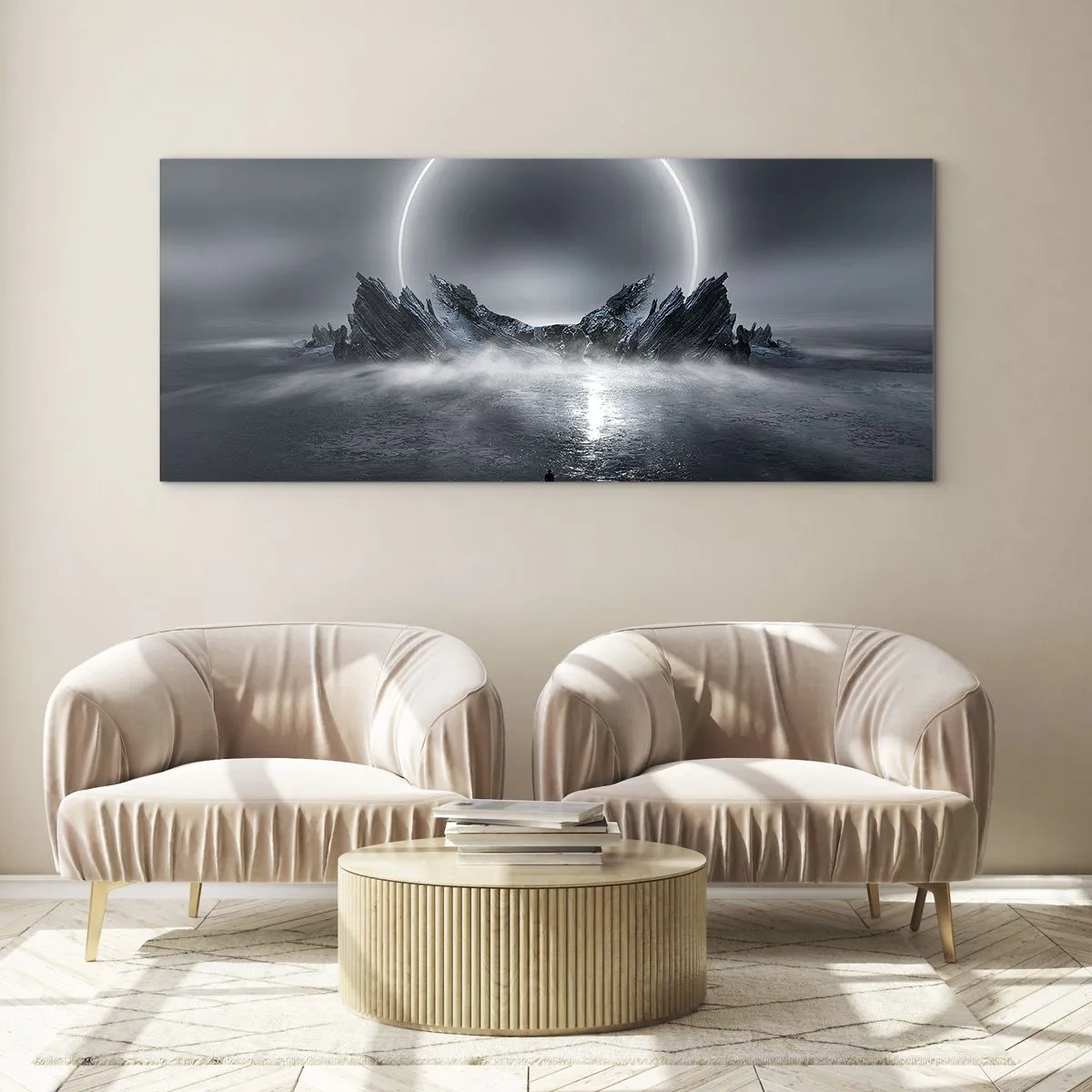 Cuadro sobre vidrio - Impresiones sobre Vidrio - Paisaje misterioso con un anillo de luz sobre las montañas. - 160x50cm - El final del cuento - Decoración de pared moderna para salón y dormitorio ARTTOR