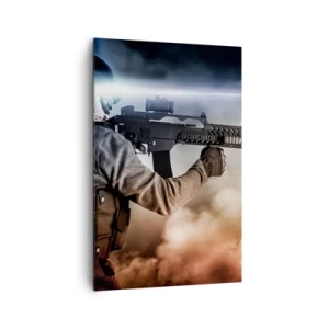 Cuadro sobre lienzo - Impresión de Imagen - Un soldado en acción con un rifle contra un fondo de nubes y luz. - 80x120cm - Luchador - Decoración de pared moderna para salón y dormitorio ARTTOR