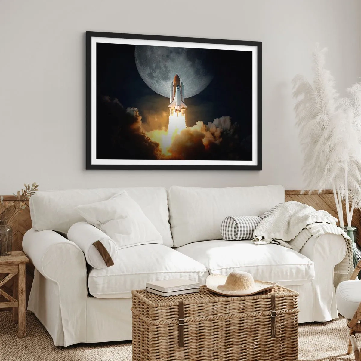 Póster en marco negro - Un cohete despegando con el telón de fondo de una luna llena rodeada de nubes dinámicas. - 70x50cm - El comienzo de una aventura sobrenatural - Decoración de pared moderna para salón y dormitorio ARTTOR