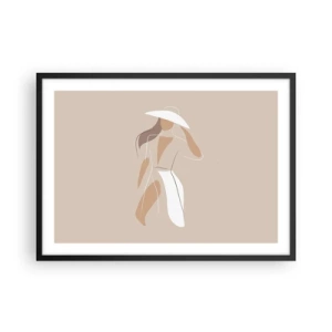Póster en marco negro - Un dibujo minimalista de una mujer con sombrero sobre un fondo beige. - 70x50cm - La moda es alegría - Decoración de pared moderna para salón y dormitorio ARTTOR