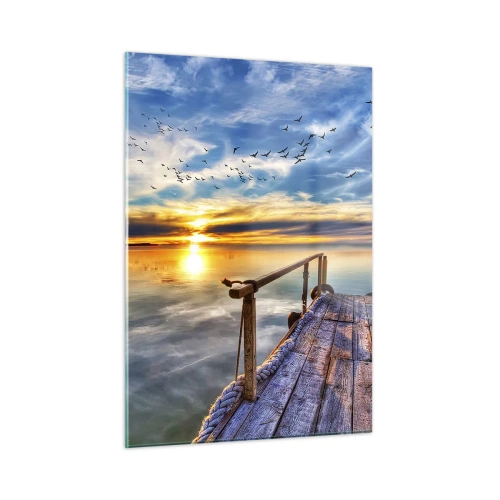 Cuadro sobre vidrio - Impresiones sobre Vidrio - Muelle junto al lago al atardecer con pájaros en el cielo - 50x70cm - El viento se va a descansar - Decoración de pared moderna para salón y dormitorio ARTTOR