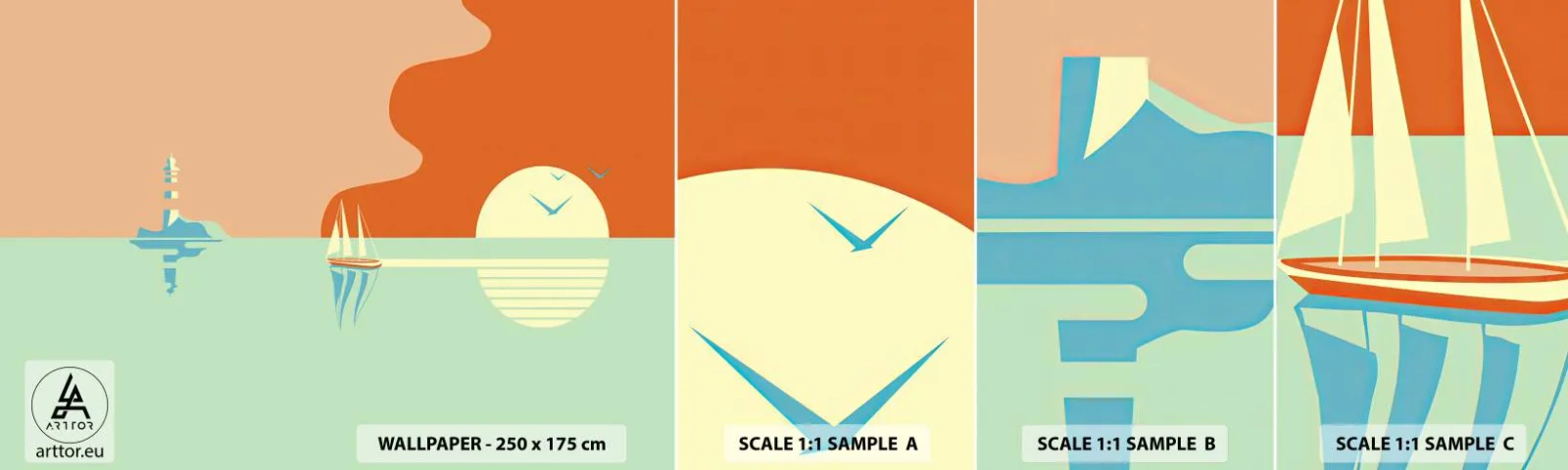 Muestra de fotomural autoadhesivo Deluxe Sticker - Un paisaje marino perfecto - Abstracción, Velero, Linterna - 100x30 cm
