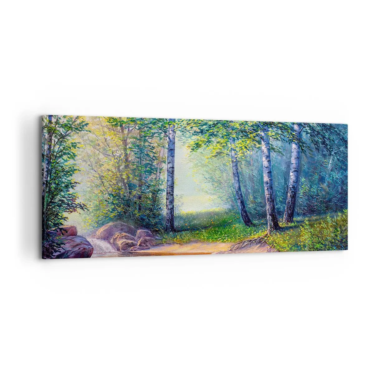 Cuadro sobre lienzo - Impresión de Imagen - Un arroyo forestal rodeado de abedules y sol. - 120x50cm - Paisaje idílico - Decoración de pared moderna para salón y dormitorio ARTTOR