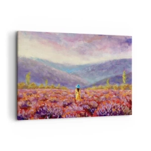 Cuadro sobre lienzo - Impresión de Imagen - Una mujer con sombrero caminando por un campo de lavanda. - 120x80cm - En un mundo de lavanda - Decoración de pared moderna para salón y dormitorio ARTTOR