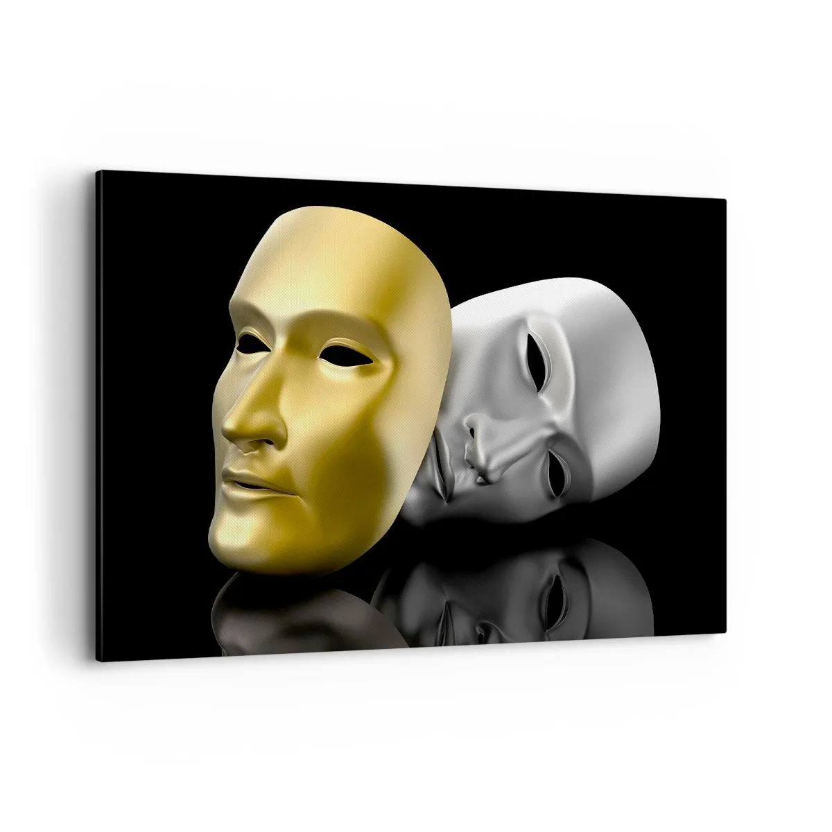 Cuadro sobre lienzo - Impresión de Imagen - Máscara de oro y plata sobre fondo negro. - 120x80cm - La vida es un teatro - Decoración de pared moderna para salón y dormitorio ARTTOR