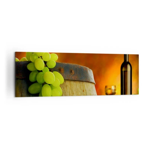 Cuadro sobre lienzo - Impresión de Imagen - Uvas en un barril de vino con un esquema de colores cálidos en el fondo. - 160x50cm - Bodegón con botella de vino y racimo de uvas - Decoración de pared moderna para salón y dormitorio ARTTOR