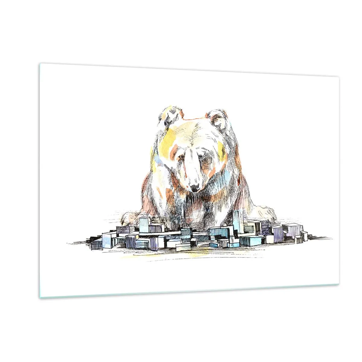 Cuadro sobre vidrio - Impresiones sobre Vidrio - Un oso mirando la ciudad en una composición artística. - 120x80cm - ¿Cómo podéis vivir así? - Decoración de pared moderna para salón y dormitorio ARTTOR