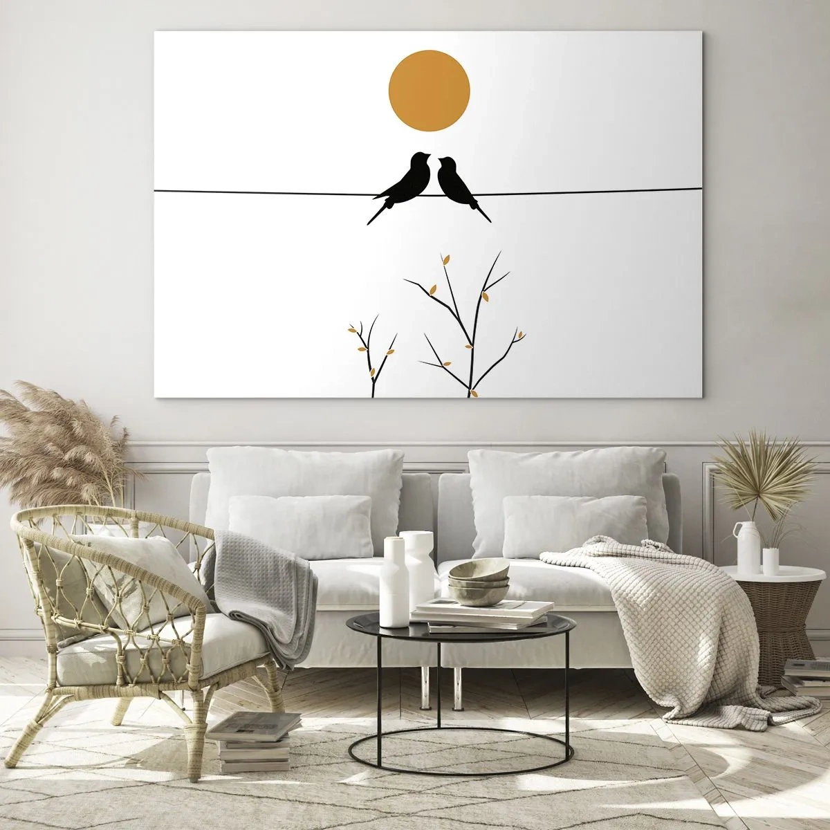 Cuadro sobre vidrio - Impresiones sobre Vidrio - Pájaros en una línea bajo un sol naranja - 70x50cm - Noche de ruiseñores - Decoración de pared moderna para salón y dormitorio ARTTOR