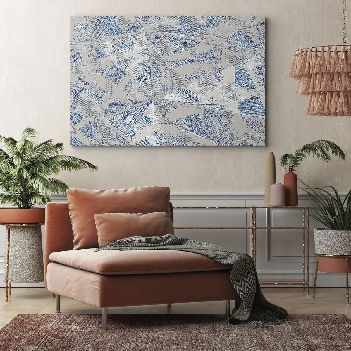Cuadro sobre lienzo - Impresión de Imagen - Patrones geométricos en tonos azules y grises. - 70x50cm - En un laberinto gris azulado - Decoración de pared moderna para salón y dormitorio ARTTOR