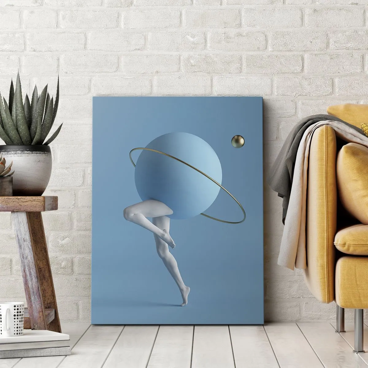 Cuadro sobre lienzo - Impresión de Imagen - Una esfera azul con una órbita y piernas humanas contra el cielo. - 80x120cm - Y los planetas se vuelven locos - Decoración de pared moderna para salón y dormitorio ARTTOR