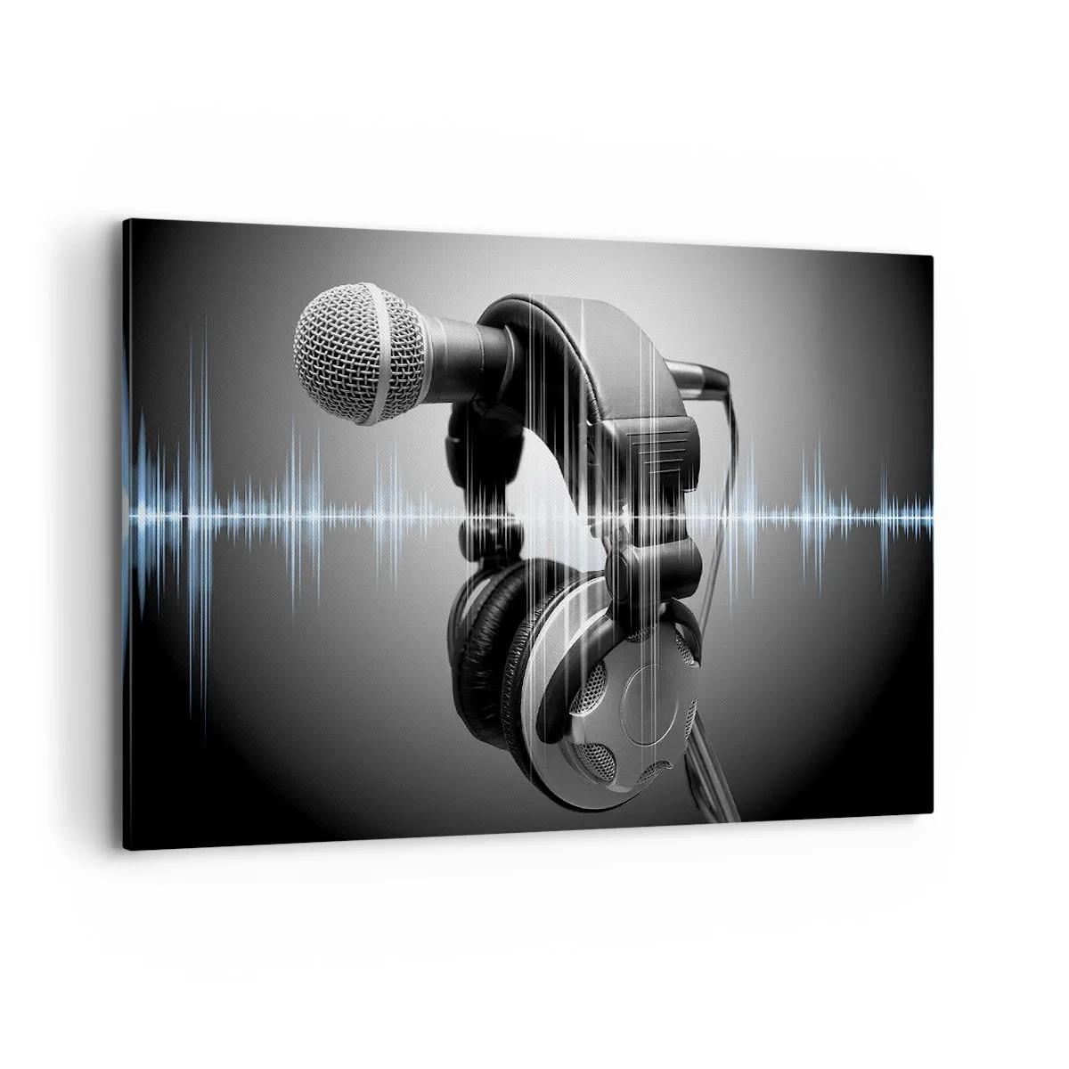 Cuadro sobre lienzo - Impresión de Imagen - Micrófono y auriculares con visualización de ondas sonoras de fondo. - 120x80cm - Todavía se puede escuchar el canto - Decoración de pared moderna para salón y dormitorio ARTTOR