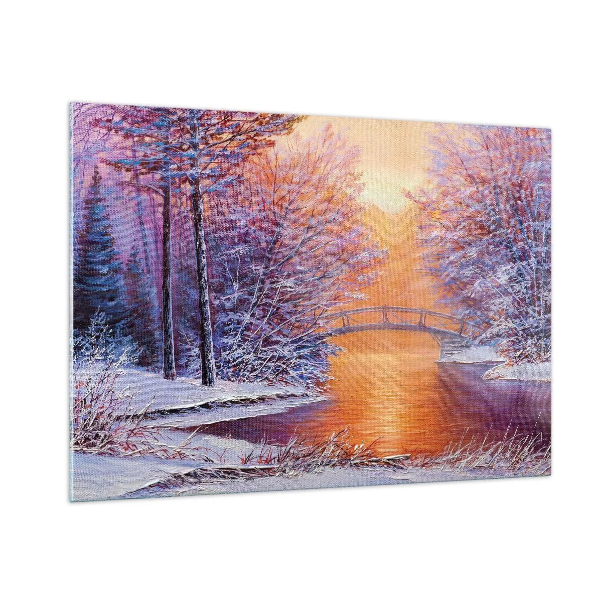 Cuadro sobre vidrio - Impresiones sobre Vidrio - Paisaje invernal con un puente y árboles cubiertos de nieve al atardecer. - 100x70cm - Reunámonos aquí - Decoración de pared moderna para salón y dormitorio ARTTOR