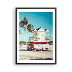 Póster en marco negro - Un colorido puesto de socorristas en una playa con palmeras y un cielo azul. - 50x70cm - Un hermoso día por delante - Decoración de pared moderna para salón y dormitorio ARTTOR