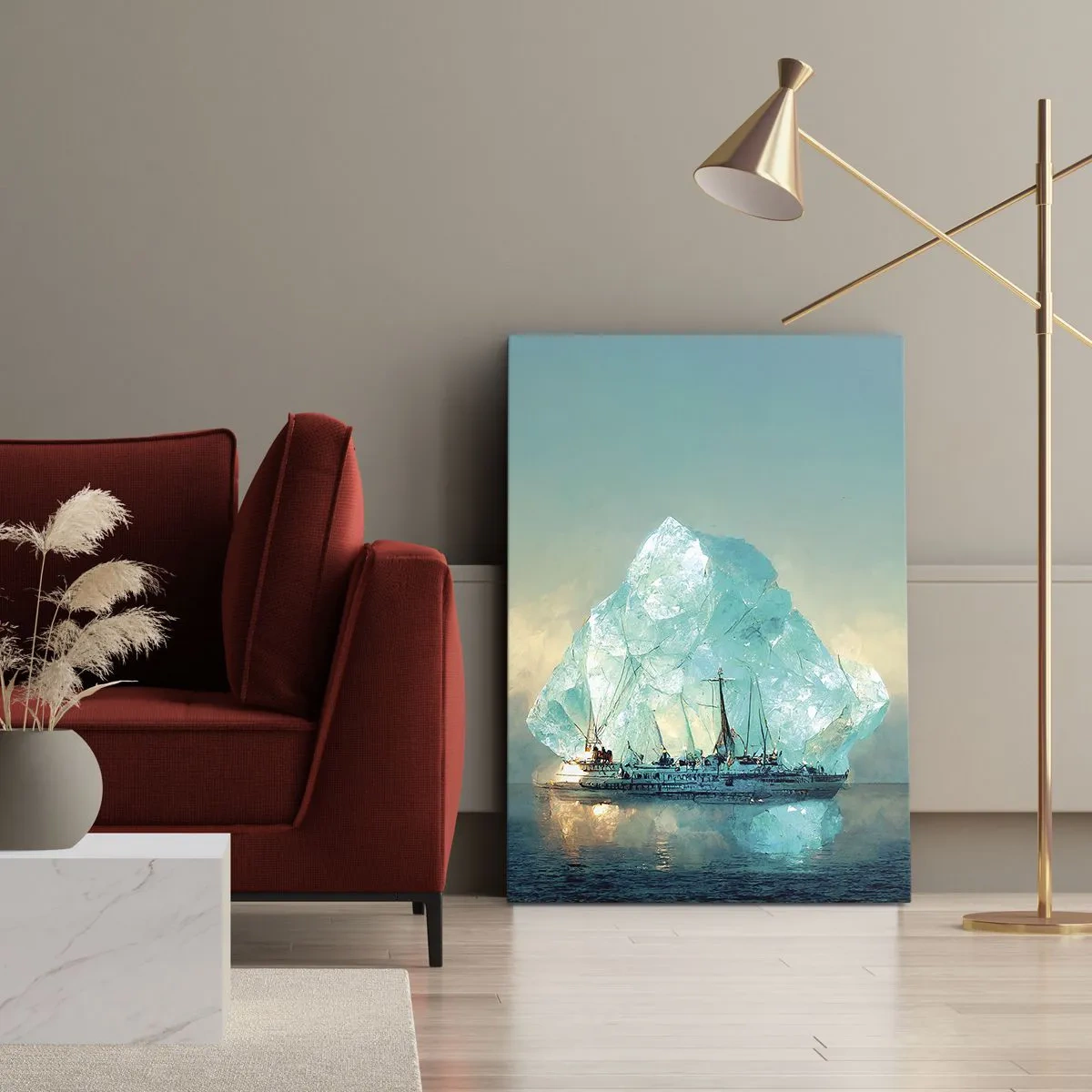 Cuadro sobre lienzo - Impresión de Imagen - Un barco con un majestuoso iceberg al fondo. - 50x70cm - Diamante ártico - Decoración de pared moderna para salón y dormitorio ARTTOR