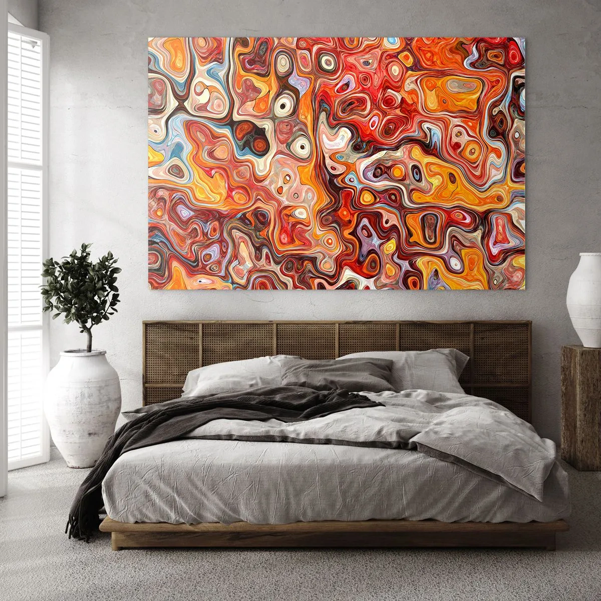 Cuadro sobre vidrio - Impresiones sobre Vidrio - Composición abstracta en tonos naranja y rojo. - 100x70cm - Si las nueces se derritieran en la miel - Decoración de pared moderna para salón y dormitorio ARTTOR