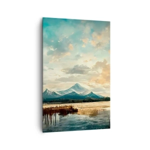 Cuadro sobre lienzo - Impresión de Imagen - Un paisaje pintoresco con una montaña y un lago tranquilo. - 80x120cm - Bajo la protección del cielo - Decoración de pared moderna para salón y dormitorio ARTTOR