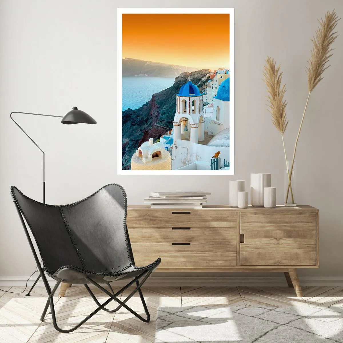 Póster - Santorini con sus casas blancas y cúpulas azules - 50x70cm - Santorini - el abrazo a las rocas - Decoración de pared moderna para salón y dormitorio ARTTOR