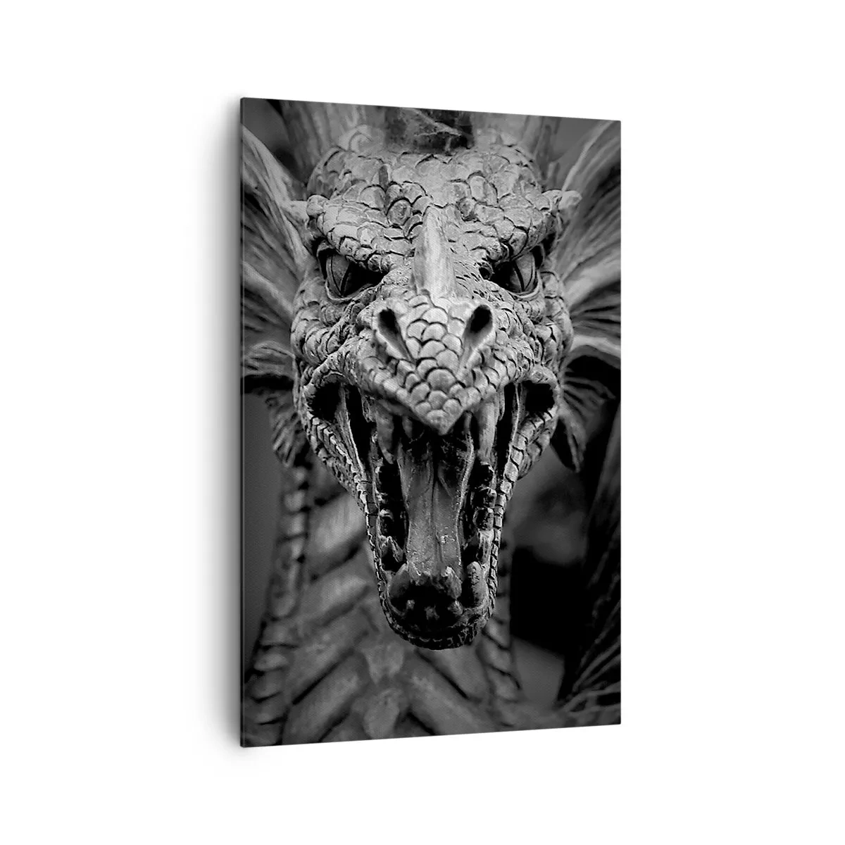 Cuadro sobre lienzo - Impresión de Imagen - Una cabeza de dragón amenazante en blanco y negro con detalles expresivos. - 80x120cm - Dragón de cuento de hadas en gris - Decoración de pared moderna para salón y dormitorio ARTTOR