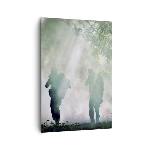 Cuadro sobre lienzo - Impresión de Imagen - Siluetas de soldados en un bosque rodeado de niebla. - 70x100cm - Uno para todos... - Decoración de pared moderna para salón y dormitorio ARTTOR