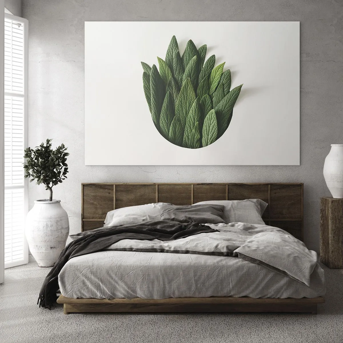 Cuadro sobre vidrio - Impresiones sobre Vidrio - Hojas verdes dispuestas en forma de jarrón sobre un fondo blanco. - 70x50cm - Curiosidad desenfrenada - Decoración de pared moderna para salón y dormitorio ARTTOR