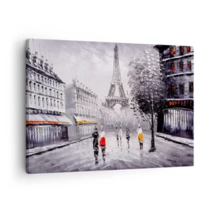 Cuadro sobre lienzo - Impresión de Imagen - Una vista de la Torre Eiffel en un entorno monocromático con acentos de color. - 70x50cm - Un paseo parisino - Decoración de pared moderna para salón y dormitorio ARTTOR