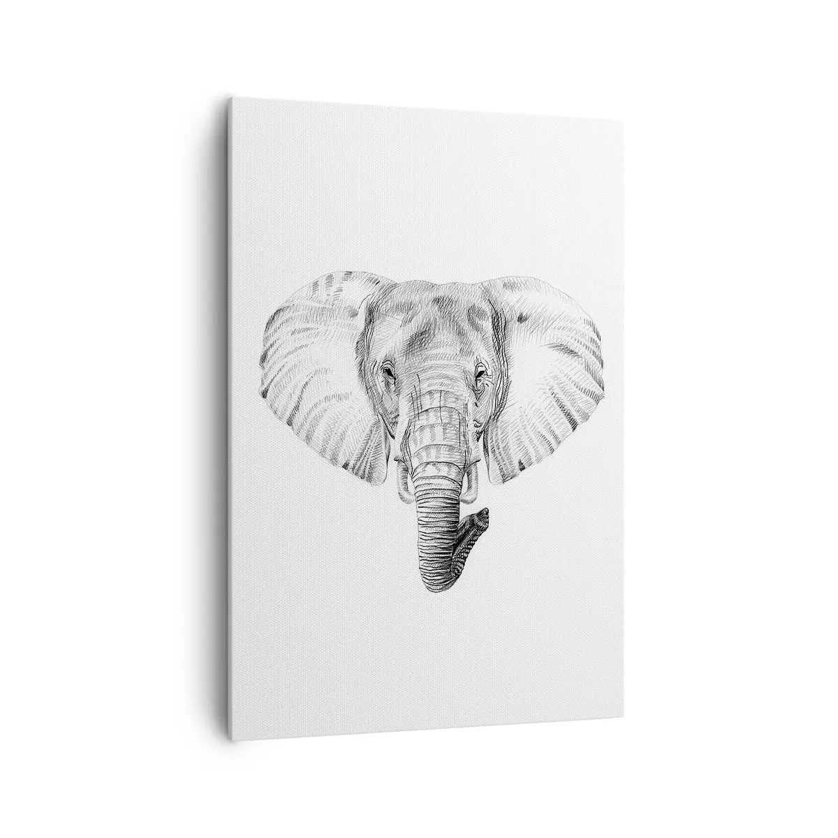 Cuadro sobre lienzo - Impresión de Imagen - Dibujo en blanco y negro de la cabeza de un elefante sobre un fondo blanco. - 70x100cm - Érase una vez un elefante... - Decoración de pared moderna para salón y dormitorio ARTTOR