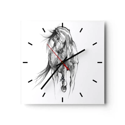 Reloj de pared - Reloj de vidrio - Boceto en blanco y negro de un caballo al galope - 30x30cm - En un elegante trote - Decoración de pared moderna para salón y dormitorio ARTTOR