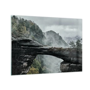 Cuadro sobre vidrio - Impresiones sobre Vidrio - Un puente de piedra entre montañas brumosas y un paisaje forestal. - 70x50cm - La aventura está a punto de comenzar - Decoración de pared moderna para salón y dormitorio ARTTOR