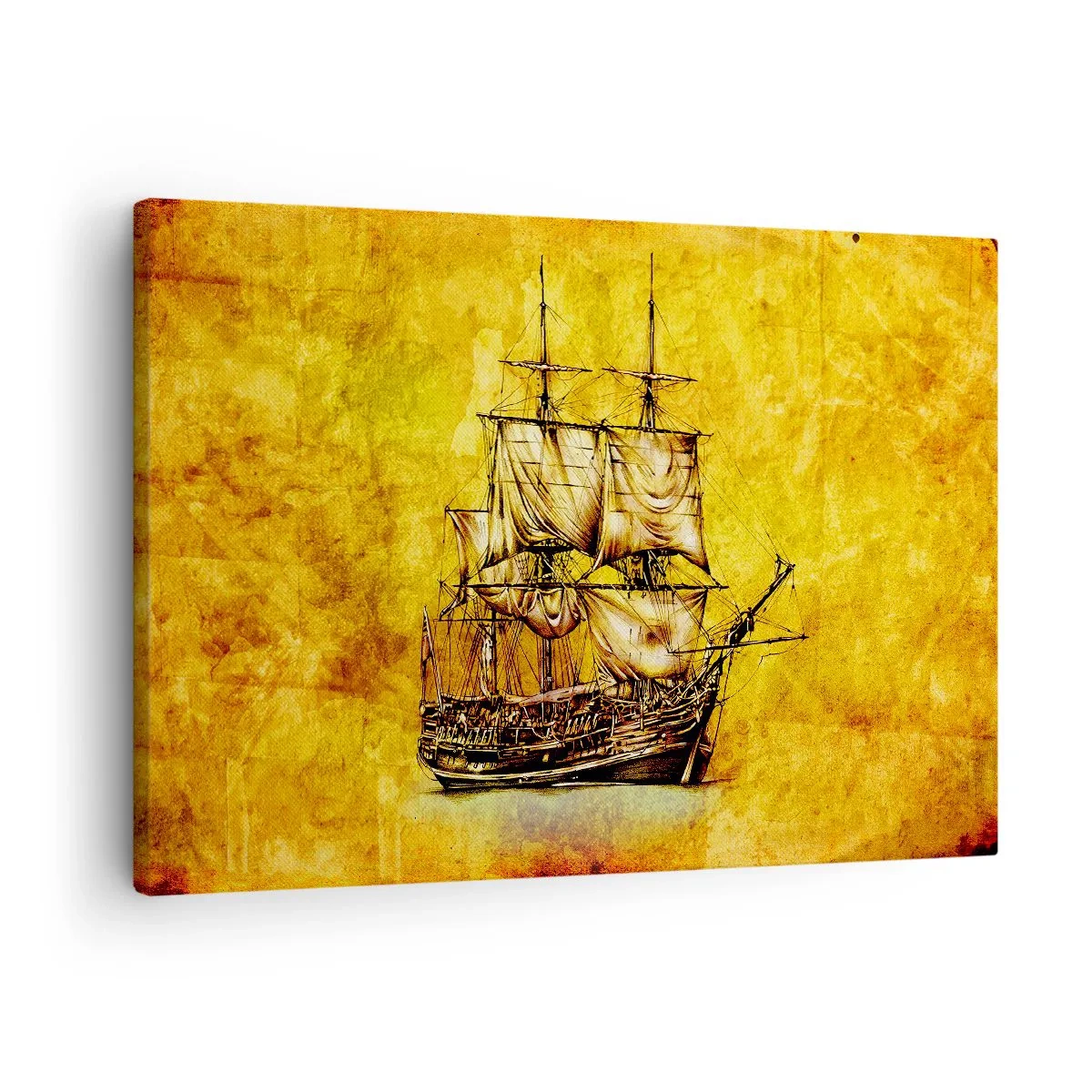 Cuadro sobre lienzo - Impresión de Imagen - Un dibujo estilizado de un velero sobre un fondo dorado con un toque vintage. - 70x50cm - ¡Rumbo a la isla Tortuga! - Decoración de pared moderna para salón y dormitorio ARTTOR