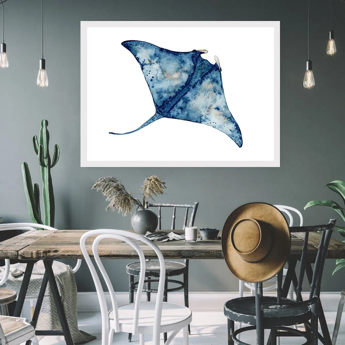 Póster - Raya azul en estilo acuarela sobre fondo blanco - 100x70cm - La vida en azul - Decoración de pared moderna para salón y dormitorio ARTTOR