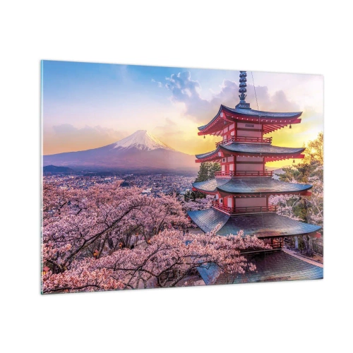Cuadro sobre vidrio - Impresiones sobre Vidrio - Una pagoda en un paisaje japonés con vistas al monte Fuji y árboles en flor. - 100x70cm - La esencia del espíritu japonés - Decoración de pared moderna para salón y dormitorio ARTTOR
