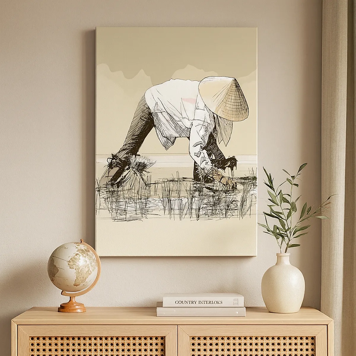 Cuadro sobre lienzo - Impresión de Imagen - Agricultores trabajando en un campo de arroz con sombreros tradicionales - 50x70cm - De una cosecha exitosa - Decoración de pared moderna para salón y dormitorio ARTTOR