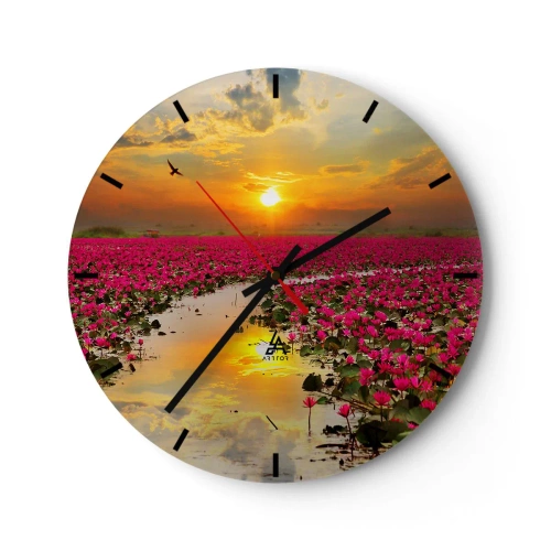 Reloj de pared - Reloj de vidrio - Un campo de flores de loto rosa al atardecer. - 30x30cm - La vida secreta del lago - Decoración de pared moderna para salón, cocina y dormitorio ARTTOR