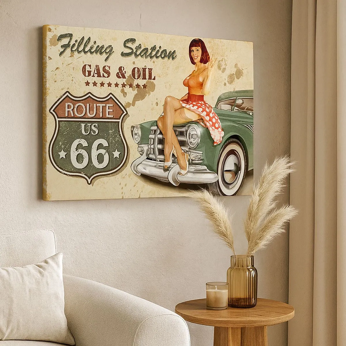Cuadro sobre lienzo - Impresión de Imagen - Póster retro de la Ruta 66 con chica pin-up y coche. - 70x50cm - Los gloriosos años 40 - Decoración de pared moderna para salón y dormitorio ARTTOR